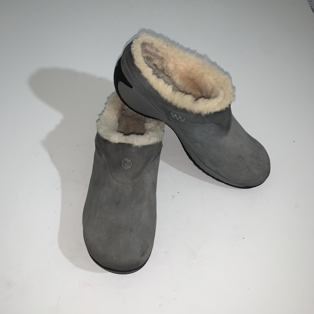 Merrell Clog Shoes Womens Size 11 Gray Suede Slip On Comfort Faux Fur J00790